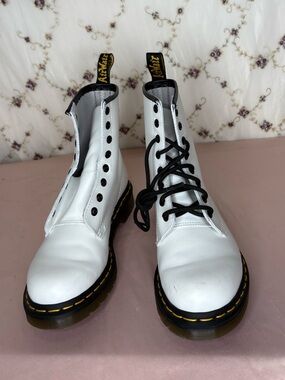 Dr. Martens White Lace-Up Leather Boots with Black Eyelets